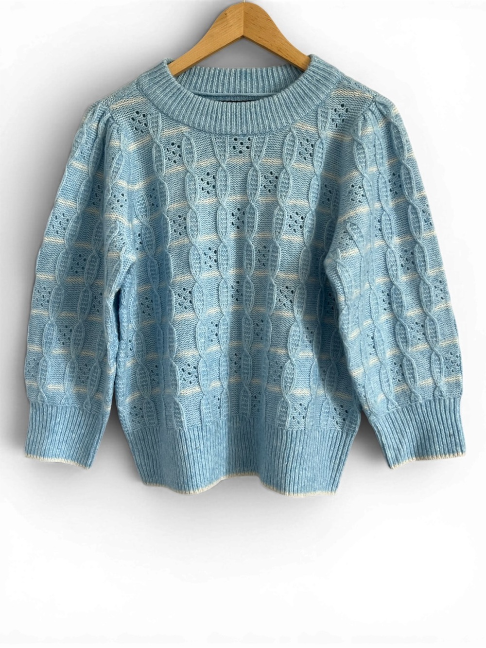 Vero Moda Blue & White Stripes Cable Knit Sweater Puff Sleeve Chunky Cozy Medium